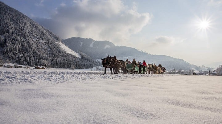 Arrensleetocht door het besneeuwde winterlandschap van de Wildkogel Arena met panoramisch uitzicht op de Kitzbüheler Alpen.